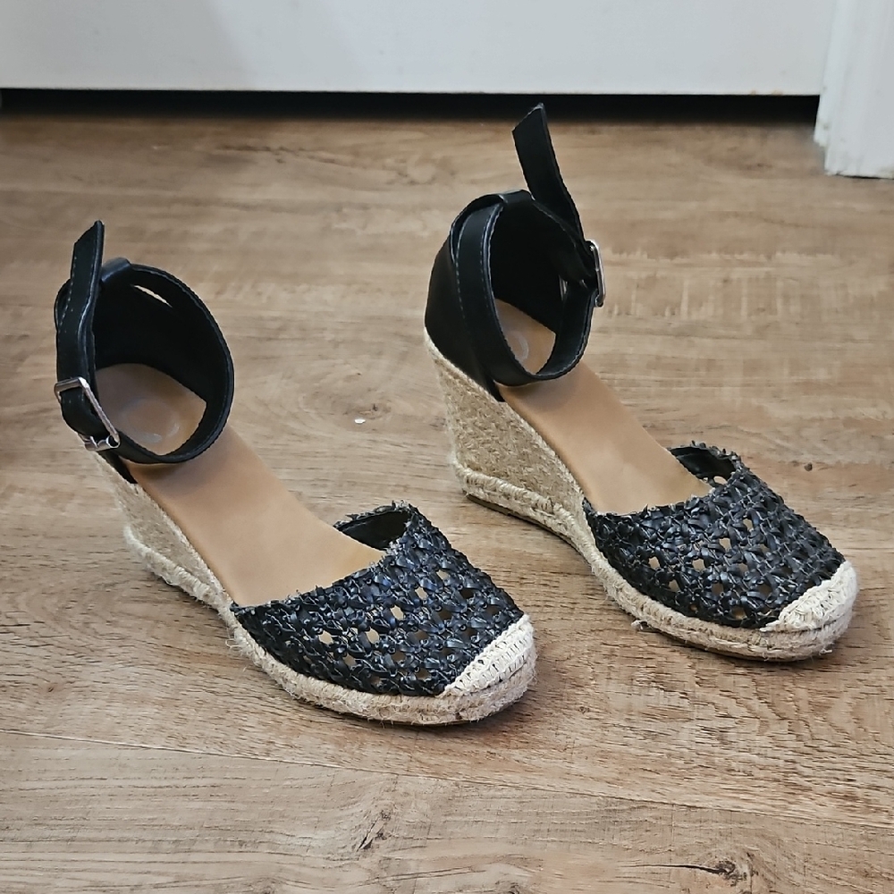 Black Woven Espadrille Wedge Sandals